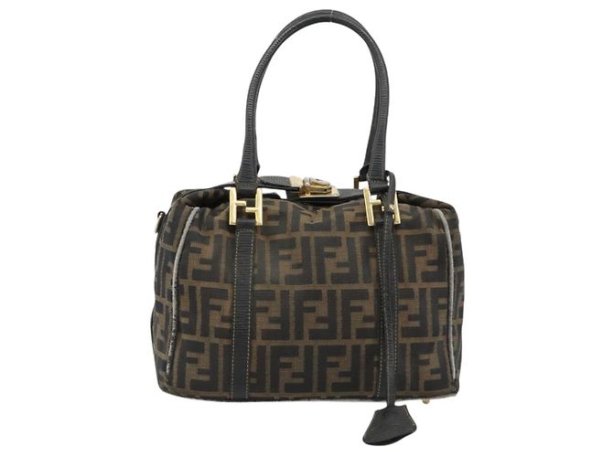 Bolso de Mano FENDI Zucca Canvas Negro Marrón Auténtico 181262 Castaño - vista 2