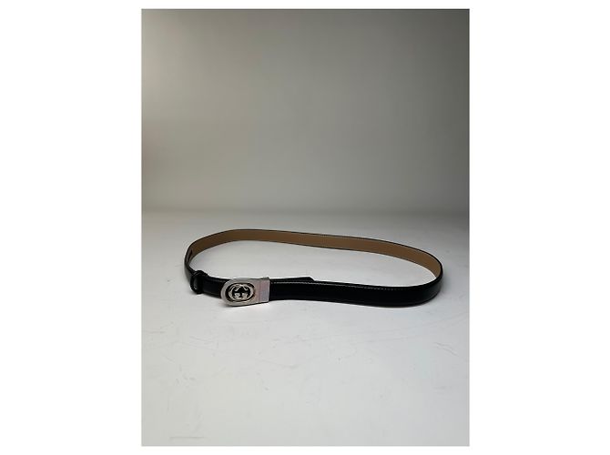 Vintage Gucci Ledergürtel mit Interlocking GG Schwarz Beige Silber - Ansicht 10