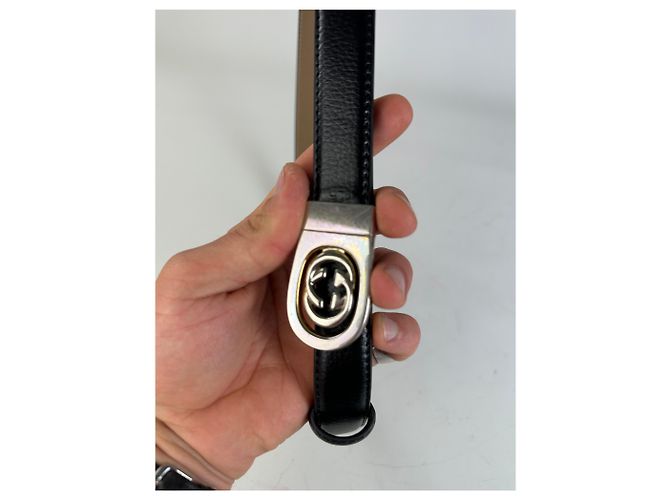 Vintage Gucci Ledergürtel mit Interlocking GG Schwarz Beige Silber - Ansicht 2