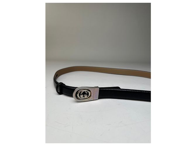 Vintage Gucci Ledergürtel mit Interlocking GG Schwarz Beige Silber - Ansicht 3