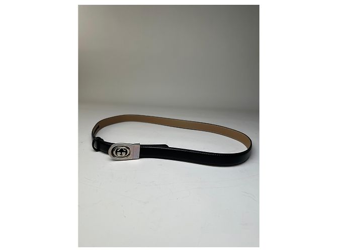 Vintage Gucci Ledergürtel mit Interlocking GG Schwarz Beige Silber - Ansicht 8