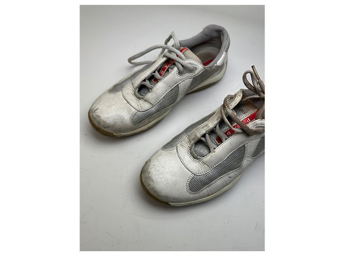 Vintage Prada Leather Mesh Sneakers White Grey EU8 - view 5
