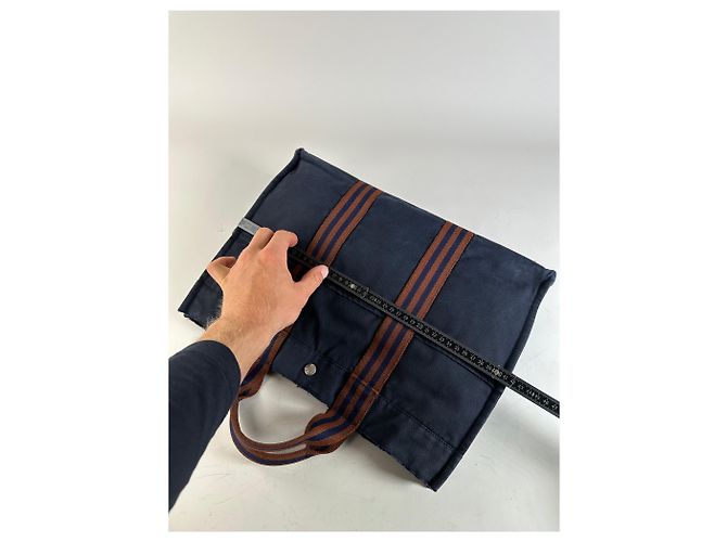 Trim Hermès Tote Vintage Hermes in tela con bordi in pelle Navy Rust Blu navy - vista 10