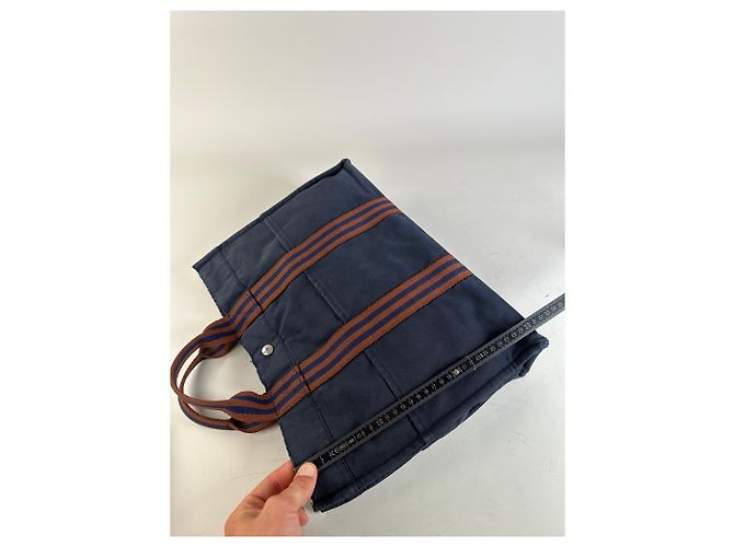 Trim Hermès Tote Vintage Hermes in tela con bordi in pelle Navy Rust Blu navy - vista 11