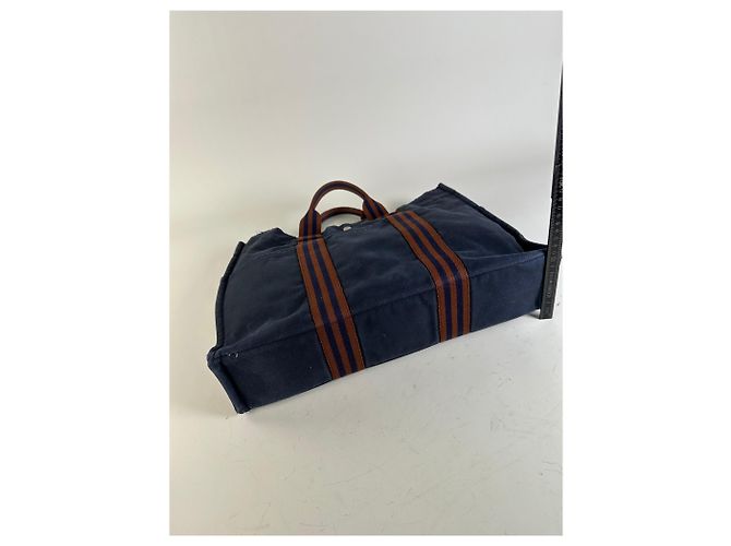 Trim Hermès Tote Vintage Hermes in tela con bordi in pelle Navy Rust Blu navy - vista 12