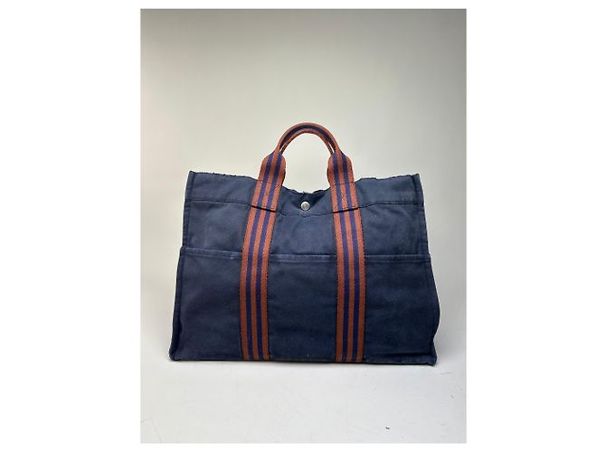 Trim Hermès Tote Vintage Hermes in tela con bordi in pelle Navy Rust Blu navy - vista 2