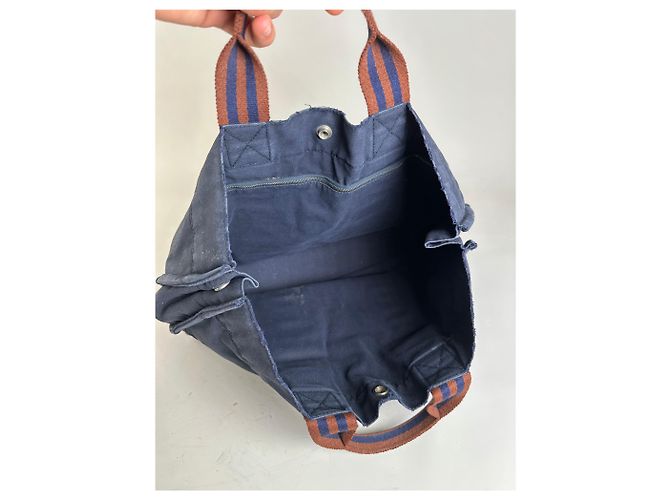 Trim Hermès Tote Vintage Hermes in tela con bordi in pelle Navy Rust Blu navy - vista 3