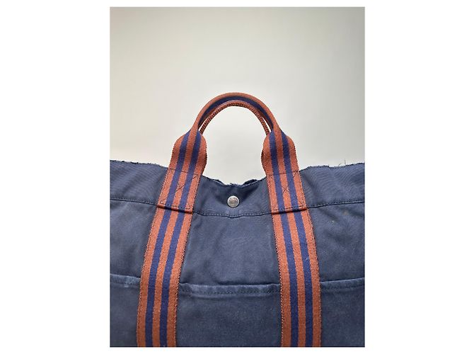 Trim Hermès Tote Vintage Hermes in tela con bordi in pelle Navy Rust Blu navy - vista 4