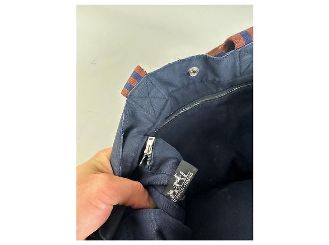 Trim Hermès Tote Vintage Hermes in tela con bordi in pelle Navy Rust Blu navy - vista 5