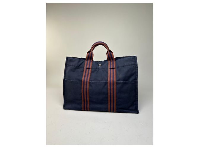 Trim Hermès Tote Vintage Hermes in tela con bordi in pelle Navy Rust Blu navy - vista 7