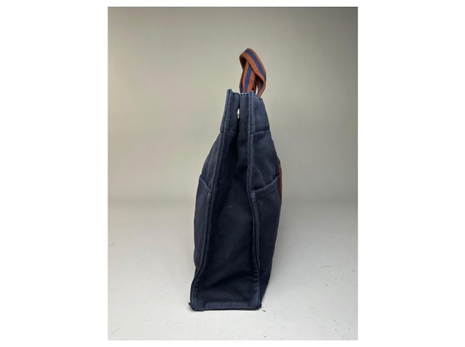 Trim Hermès Tote Vintage Hermes in tela con bordi in pelle Navy Rust Blu navy - vista 8
