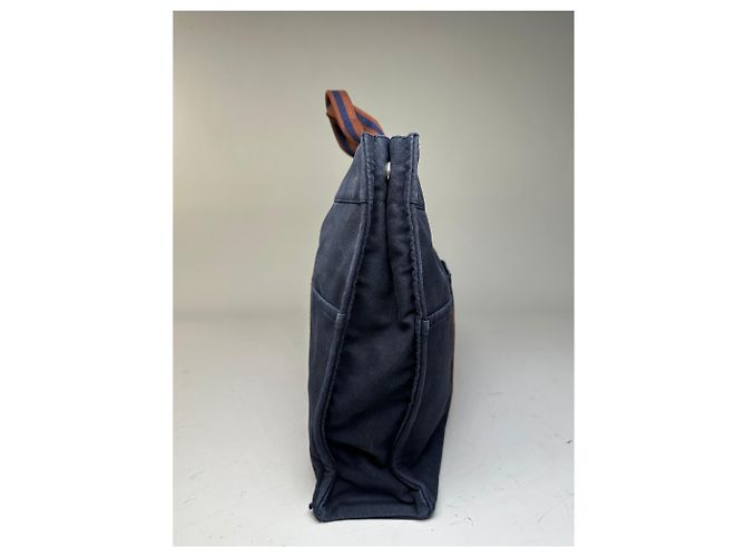 Trim Hermès Tote Vintage Hermes in tela con bordi in pelle Navy Rust Blu navy - vista 9