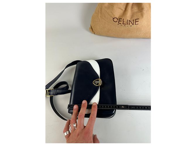 Céline Bolso de hombro de cuero vintage Celine Navy White Gold Azul marino - vista 11