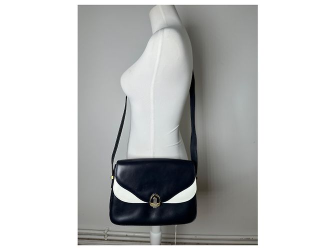 Céline Bolso de hombro de cuero vintage Celine Navy White Gold Azul marino - vista 12