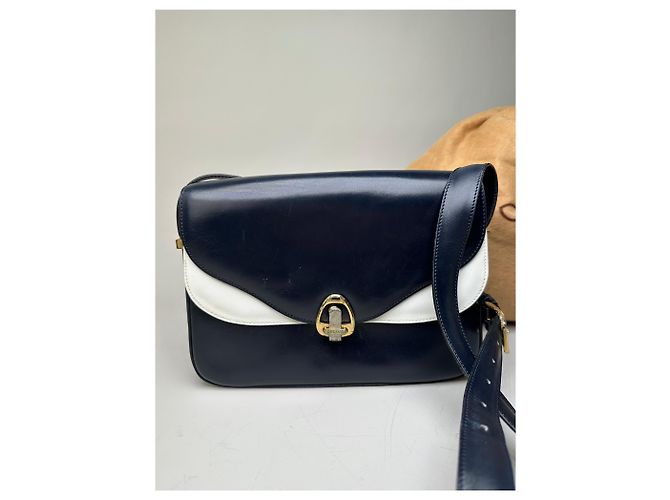 Céline Bolso de hombro de cuero vintage Celine Navy White Gold Azul marino - vista 14
