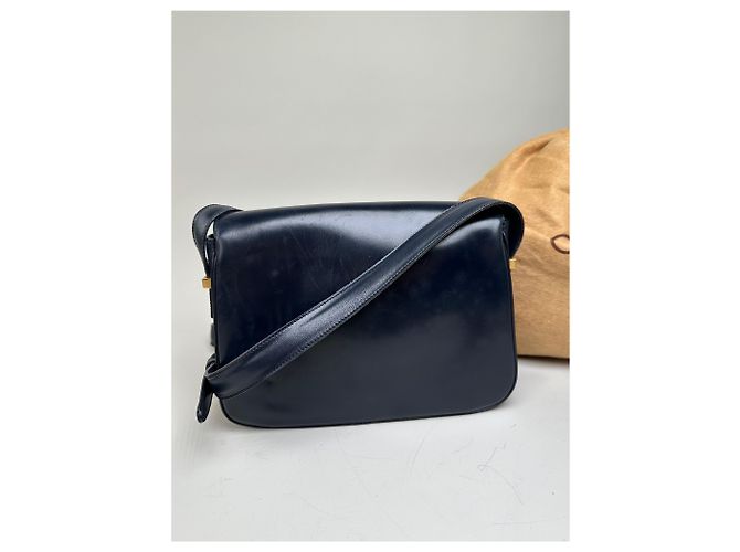Céline Bolso de hombro de cuero vintage Celine Navy White Gold Azul marino - vista 15