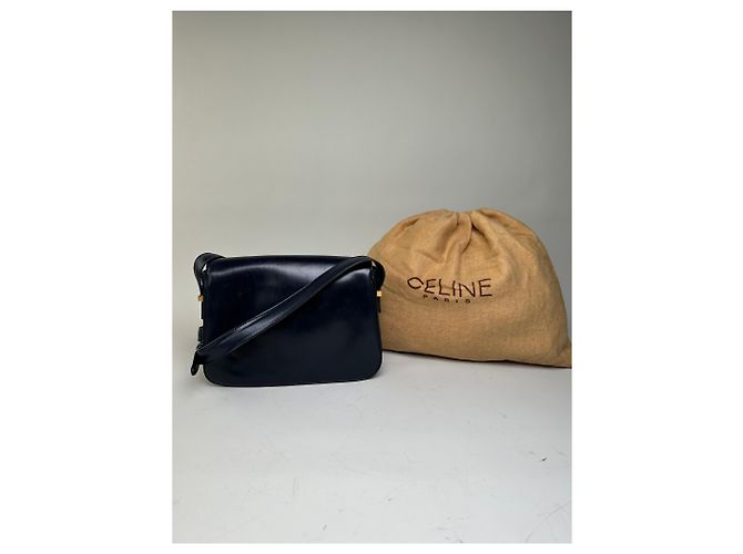 Céline Bolso de hombro de cuero vintage Celine Navy White Gold Azul marino - vista 2