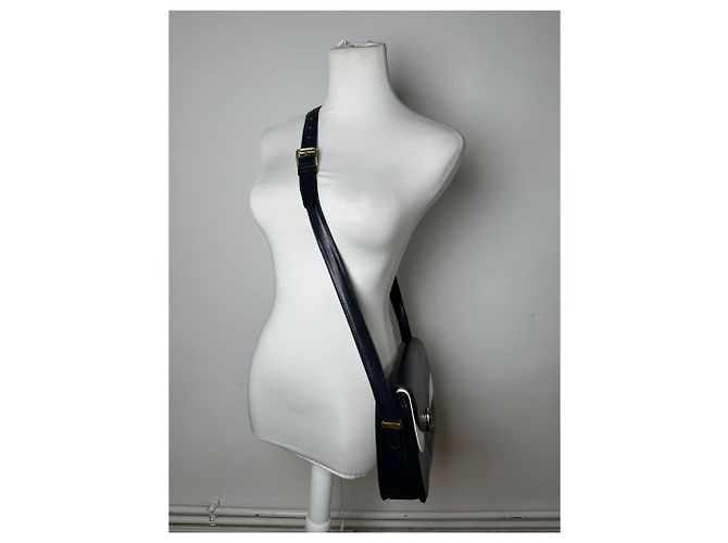 Céline Bolso de hombro de cuero vintage Celine Navy White Gold Azul marino - vista 7