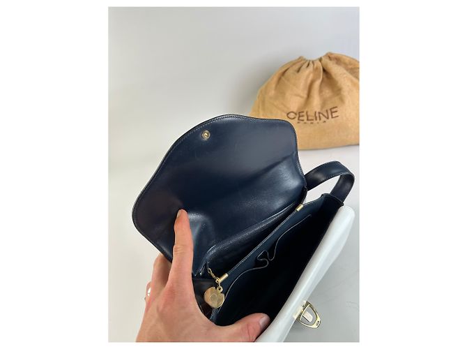 Céline Bolso de hombro de cuero vintage Celine Navy White Gold Azul marino - vista 9