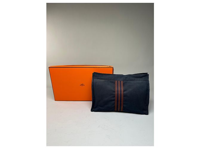 Hermès Vintage Hermes Kosmetikbeutel aus Baumwolle Marine Dunkelrot Silber - Ansicht 13