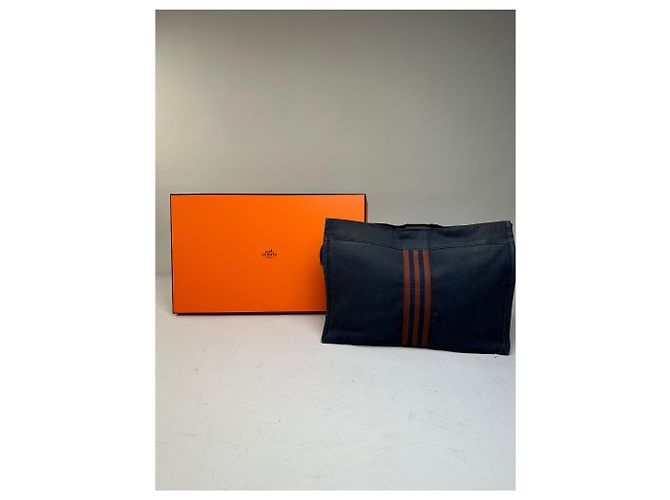 Hermès Vintage Hermes Kosmetikbeutel aus Baumwolle Marine Dunkelrot Silber - Ansicht 2