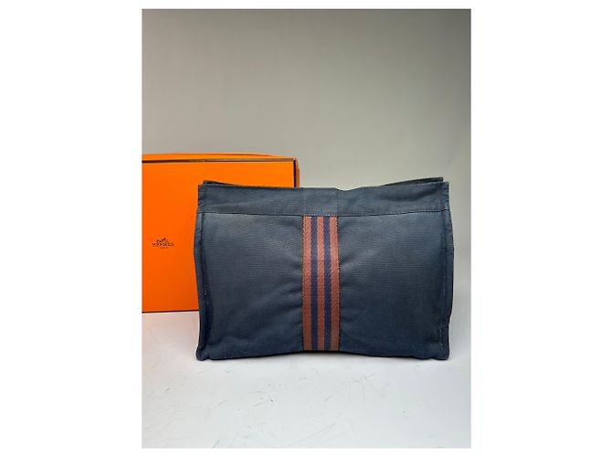Hermès Vintage Hermes Kosmetikbeutel aus Baumwolle Marine Dunkelrot Silber - Ansicht 6