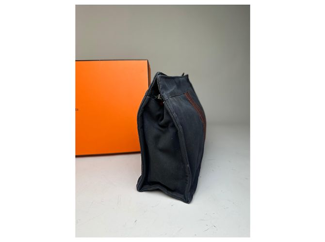 Hermès Vintage Hermes Kosmetikbeutel aus Baumwolle Marine Dunkelrot Silber - Ansicht 7