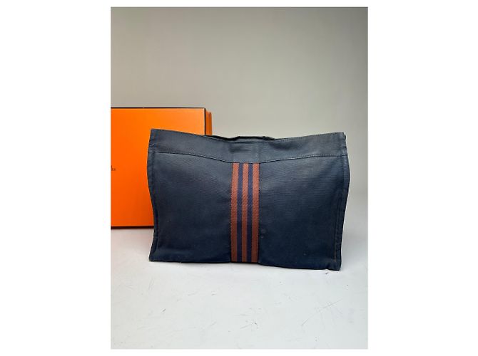 Hermès Vintage Hermes Kosmetikbeutel aus Baumwolle Marine Dunkelrot Silber - Ansicht 8