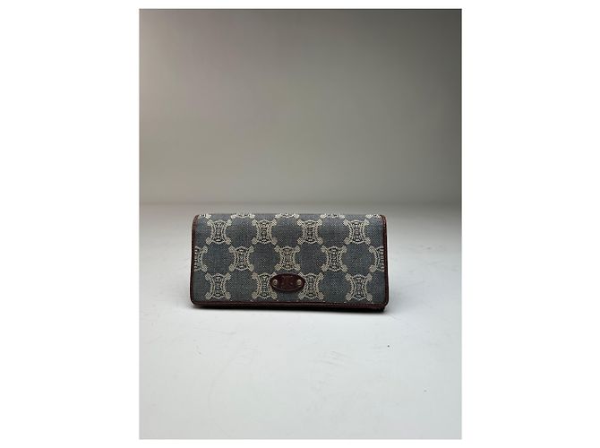 Céline Vintage Celine Macadam Canvas Wallet Blue Beige Gold - view 11