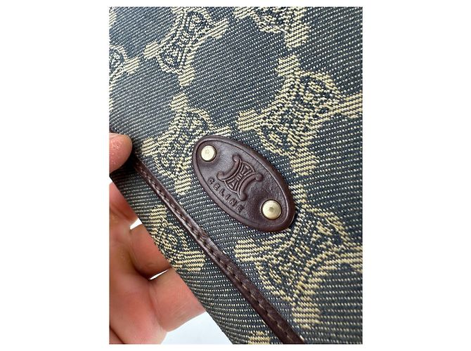 Céline Vintage Celine Macadam Canvas Wallet Blue Beige Gold - view 3