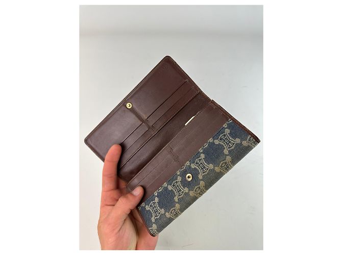 Céline Vintage Celine Macadam Canvas Wallet Blue Beige Gold - view 4