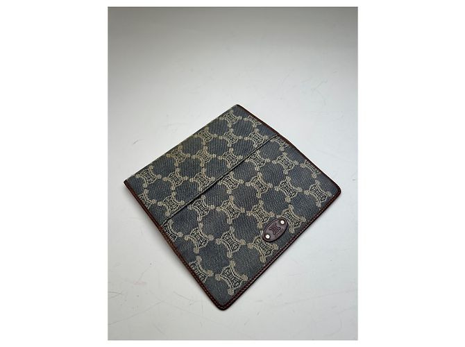 Céline Vintage Celine Macadam Canvas Wallet Blue Beige Gold - view 8