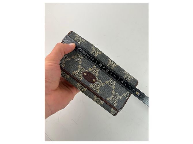Céline Vintage Celine Macadam Canvas Wallet Blue Beige Gold - view 9