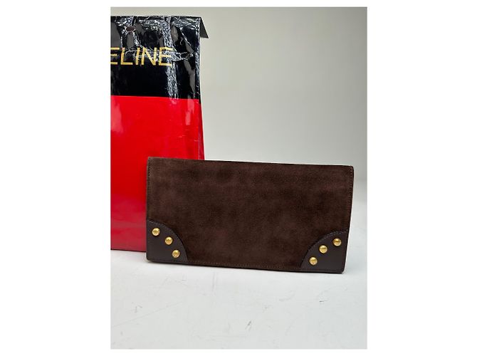Céline Vintage Celine Suede Studded Wallet Brown Gold - view 11