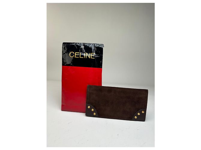 Céline Vintage Celine Suede Studded Wallet Brown Gold - view 2