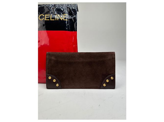 Céline Vintage Celine Suede Studded Wallet Brown Gold - view 5