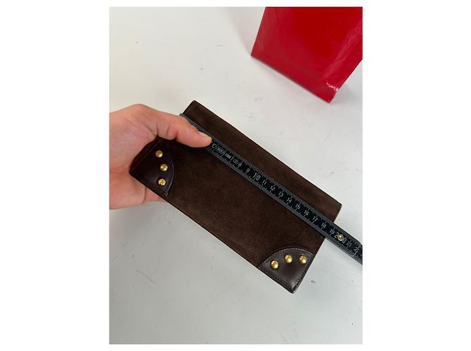 Céline Vintage Celine Suede Studded Wallet Brown Gold - view 8
