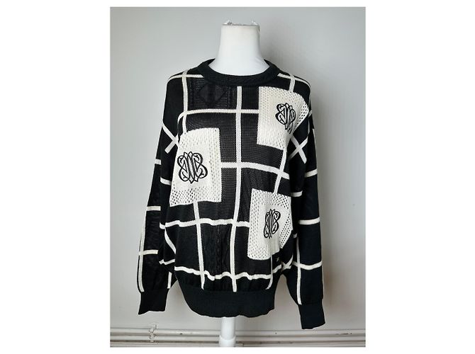 Vintage Balenciaga Leinen-Baumwoll-Pullover Schwarz Weiß M - Ansicht 12