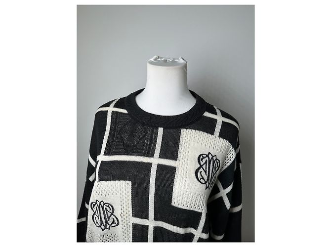 Vintage Balenciaga Leinen-Baumwoll-Pullover Schwarz Weiß M - Ansicht 13