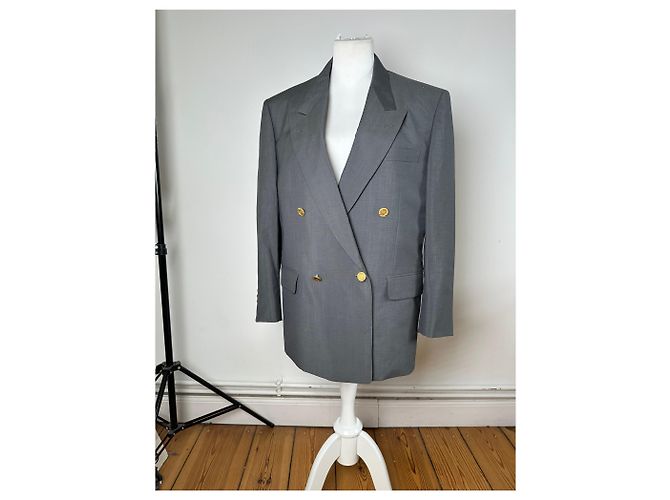 Vintage Dior Wool Blazer Gray Gold Buttons M Grey - view 2