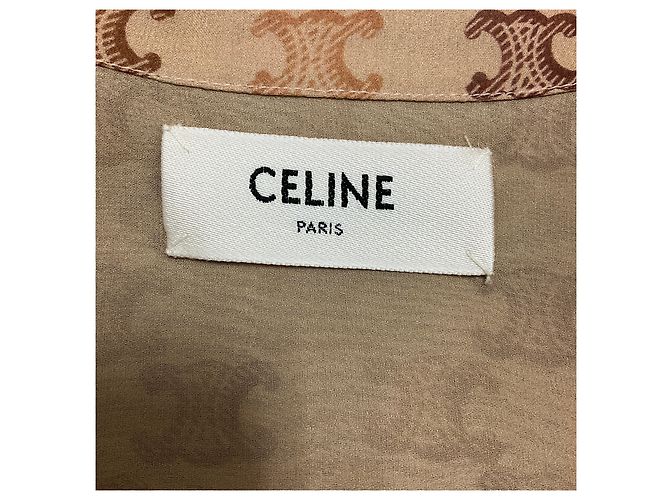 Céline Camicia da pigiama in georgette di seta con stampa logo monogramma Triomphe di Celine color Tan - vista 4