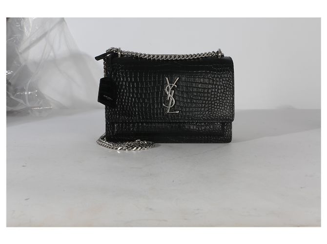 Borsa Medium Monogram Sunset in pelle di vitello nera con effetto coccodrillo Saint Laurent Nero - vista 8