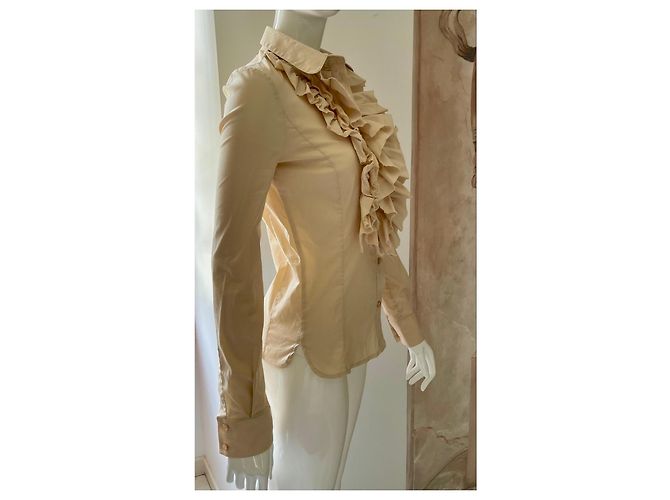 Camicia Elisabetta Franchi beige in cotone con volant e catena dorata - vista 2