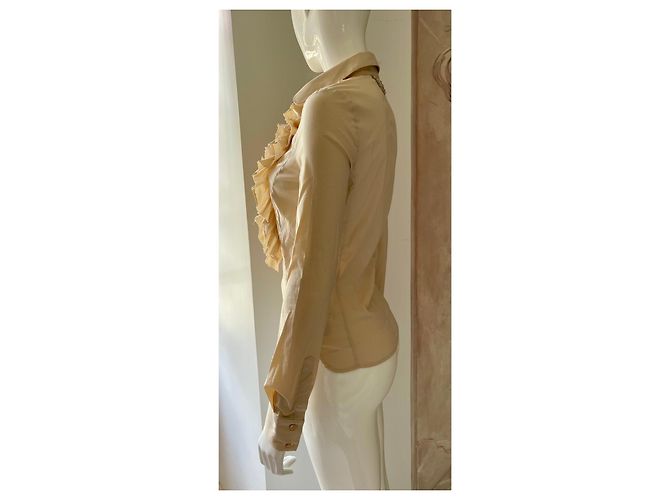 Camicia Elisabetta Franchi beige in cotone con volant e catena dorata - vista 3