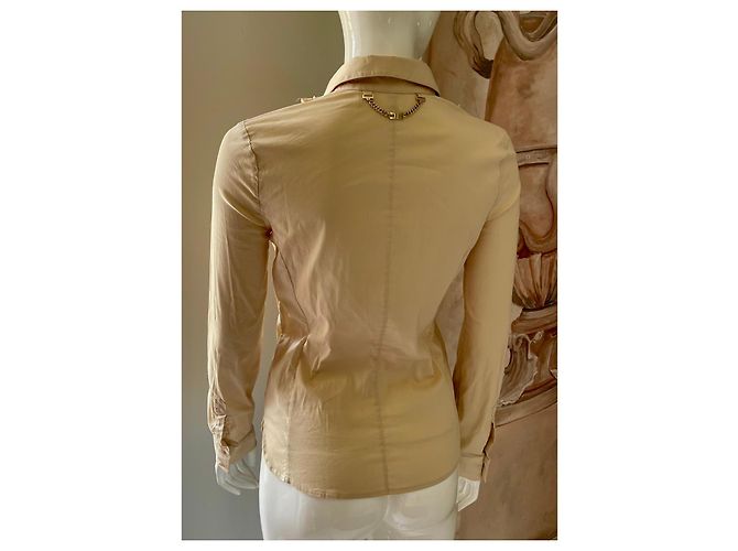 Camicia Elisabetta Franchi beige in cotone con volant e catena dorata - vista 4
