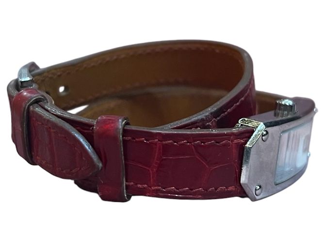 Hermès Uhr aus Bordeaux Leder mit Doppelarmband - Ansicht 2