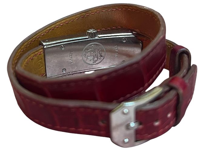 Hermès Uhr aus Bordeaux Leder mit Doppelarmband - Ansicht 4
