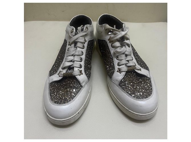 Jimmy Choo Baskets en cuir blanc et pailleté Métallisé - vue 2