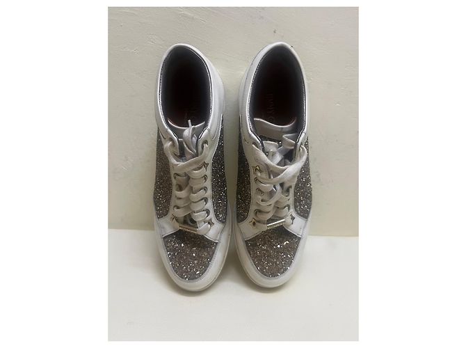 Jimmy Choo Baskets en cuir blanc et pailleté Métallisé - vue 3