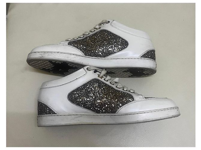 Jimmy Choo Baskets en cuir blanc et pailleté Métallisé - vue 5